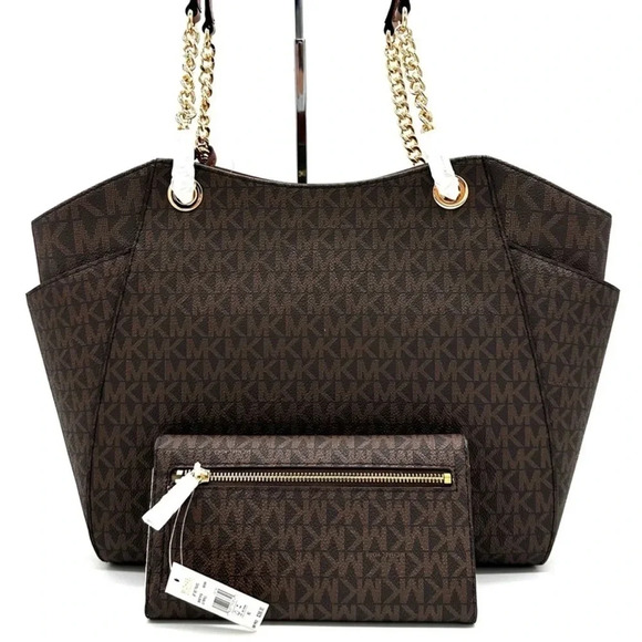 Michael Kors Large Jet Set Travel Chain Shoulder Bag & Trifold Wallet Brown - Picture 5 of 14